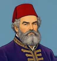 Illustrated portrait of Mr. Batulcar: about 60, grey, thick, curling, purple velvet jacket, gold braid