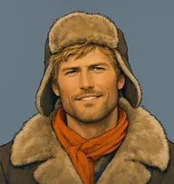 Illustrated portrait of Mudge: about 38, tawny blond, shaggy, fur-trimmed buffalo coat, orange scarf