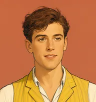 Illustrated portrait of Passepartout: about 30, tumbled chestnut-brown, somewhat untidy, striped canary-yellow waistcoat with open collar