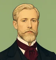 Illustrated portrait of Phileas Fogg: about 40, light blond, neatly parted, claret-red cravat under black frock coat