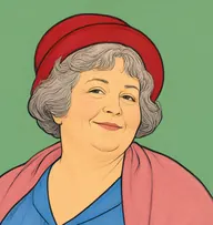 Illustrated portrait of Catherine Andrews: about 55, dove-grey, in a short soft bob, rose-pink shawl over a cornflower-blue dress