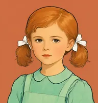Illustrated portrait of Dora: about 7, dark brown, in two neat braids, white pinafore over a pale-green frock