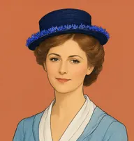 Illustrated portrait of Mrs. Allan: about 30, warm chestnut, in a soft low chignon with loose waves, dove-grey dress with a rose-pink collar