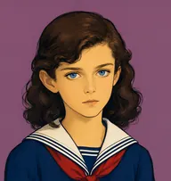 Illustrated portrait of Paul Irving: about 11, long dark-chestnut curls to the collar, navy sailor blouse with white braid trim