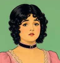 Illustrated portrait of Anne Edgeware: about 27, glossy black hair in ringlets, a rose-pink pseudo-Victorian gown with lace trim