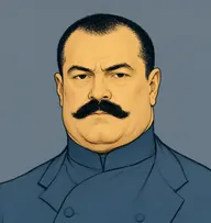 Illustrated portrait of Benjamin Dawlish: about 50, black hair shaved to stubble, a slate-blue double-breasted suit