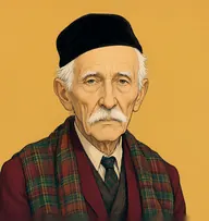 Illustrated portrait of Colonel Coombe: about 78, sparse white hair, balding crown, a tartan plaid rug over a maroon smoking jacket