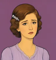 Illustrated portrait of Jeanne Dacre: about 21, soft chestnut-brown hair in a low wave, a pale lavender frock