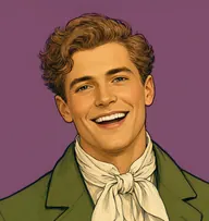 Illustrated portrait of Henry Clerval: about 24, wavy light chestnut, tousled, a moss-green coat with a cream open-necked shirt
