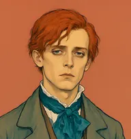 Illustrated portrait of Adrian Singleton: about 26, ginger-red, lank, unkempt, a crumpled teal cravat and rumpled coat