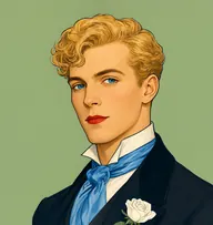 Illustrated portrait of Dorian Gray: about 22, golden, wavy, softly tousled, a sky-blue silk cravat with a dark frock coat