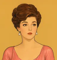Illustrated portrait of Duchess: about 30, chestnut, piled in a soft pompadour, a coral-pink silk evening gown