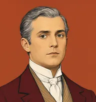 Illustrated portrait of Francis: about 30, silvering mouse-grey, slicked, side-parted, a maroon livery coat with a buff striped waistcoat