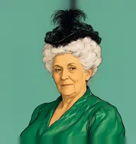 Illustrated portrait of Lady Narborough: about 68, white, frizzy, piled high in tight curls, an emerald-green satin gown