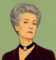 Illustrated portrait of Mrs. Vandeleur: steel-grey, severe upswept, a deep-burgundy velvet gown
