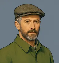 Illustrated portrait of Thornton: about 50, chestnut-brown, cropped, grey at the temples, a moss-green gamekeeper's coat